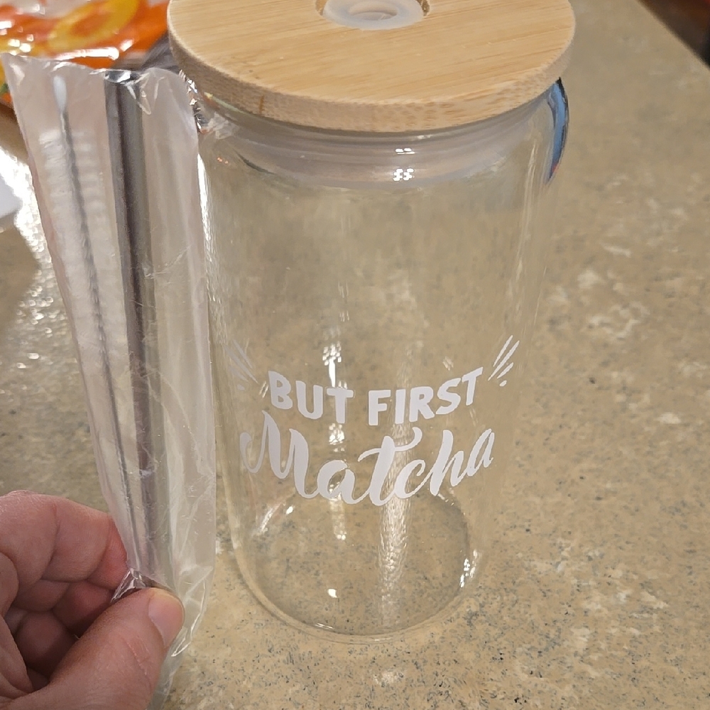 💚 Clear Glass Jar "BUT FIRST MATCHA" with Bamboo Lid and Straw/brush